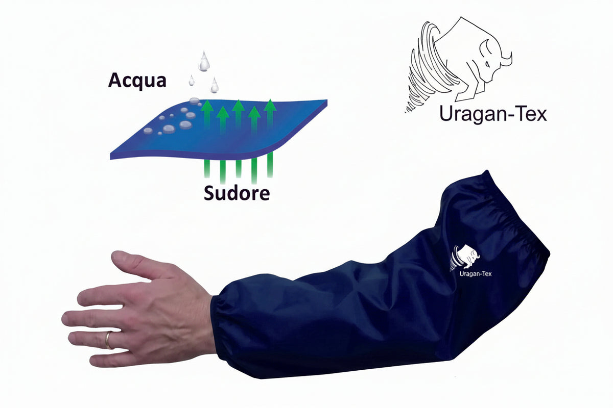 Dettaglio tecnico del bracciolo Uragan-Tex indossato: tessuto certificato impermeabile e traspirante per massima protezione professionale