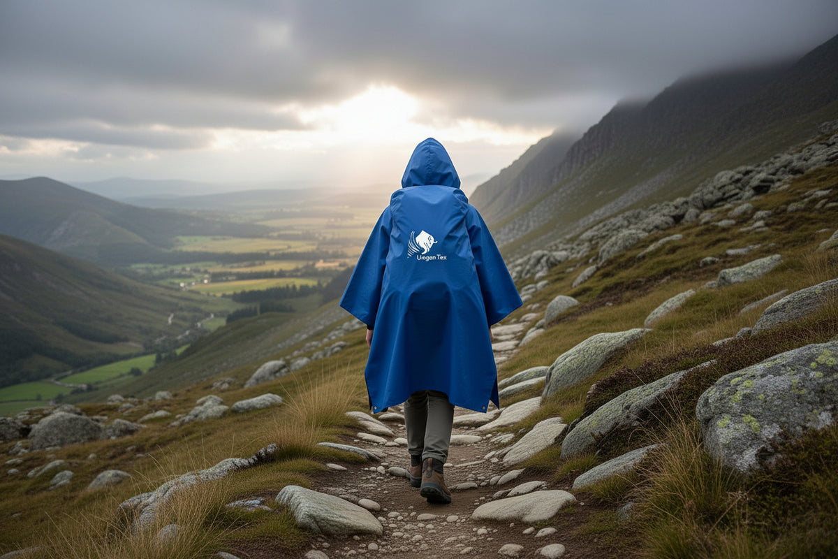 persona che cammina in montagna con ponchio uragan tex che copre lo zaino -mygesp
