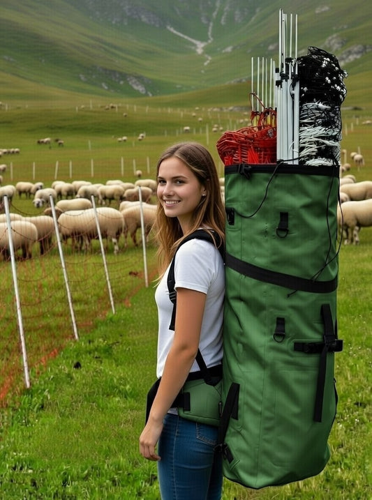 Ragazza che trasporta paletti per recinzioni elettrificate con lo zaino impermeabile verde scuro MyGesp in un pascolo alpino con pecore